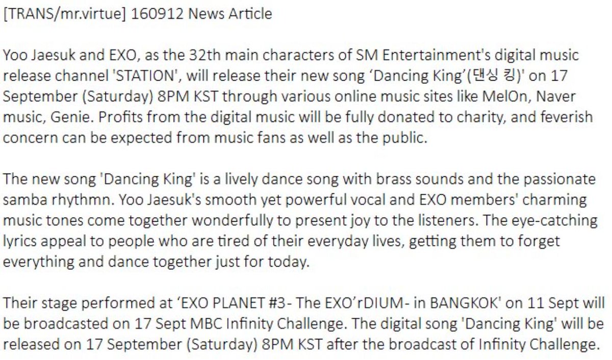 In 2016 EXO released a collaboration song “Dancing King”, and all the sales made from the song were donated to charity.