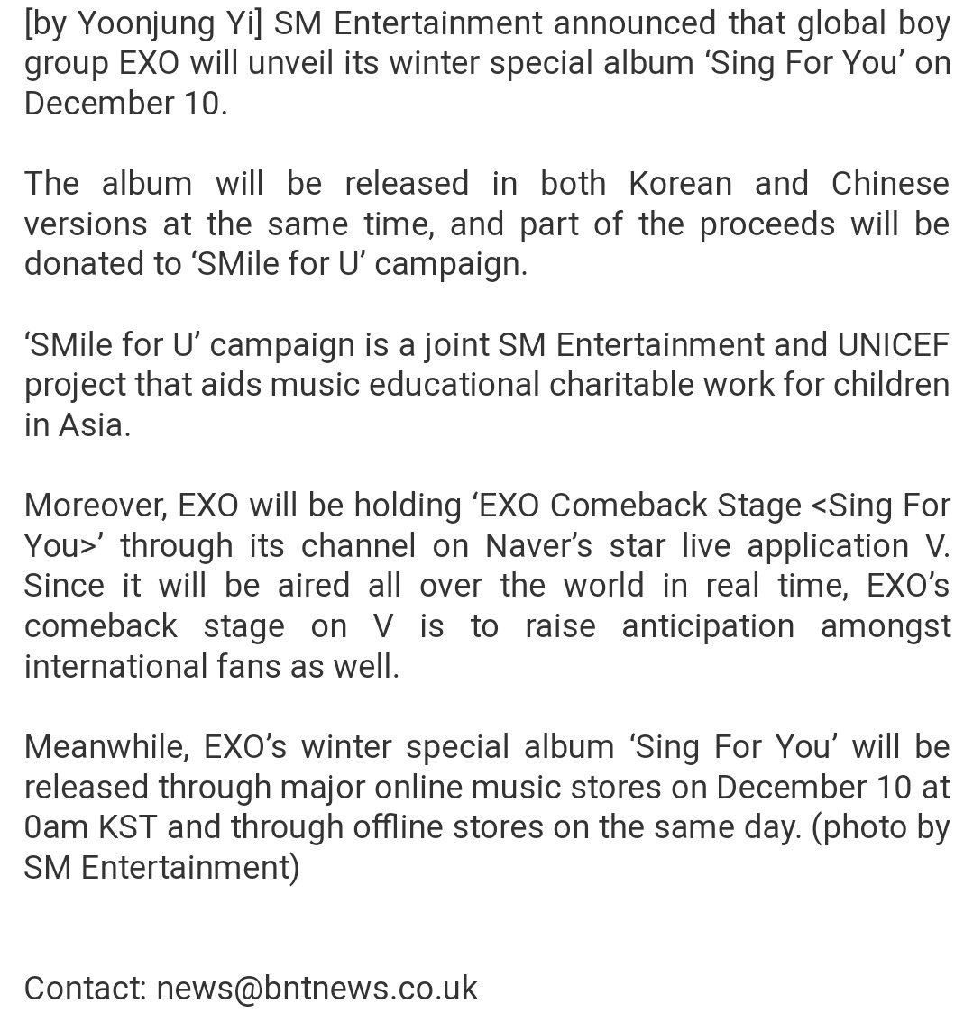The sales of the EXO’s winter albums have gone to UNICEF’s SMile for U campaign, which supports music education for children in Asia.
