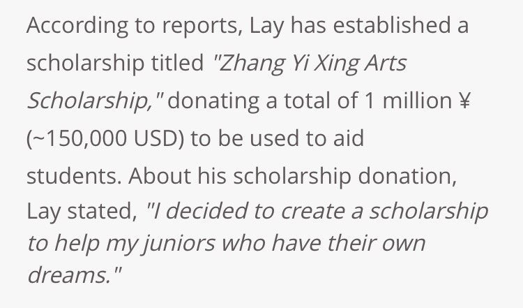 Also that year, Yixing created a foundation called “Zhang Yixing Arts Scholarship” to give out scholarships for students that attended his former middle school. He donates 100 thousand yuan annually.
