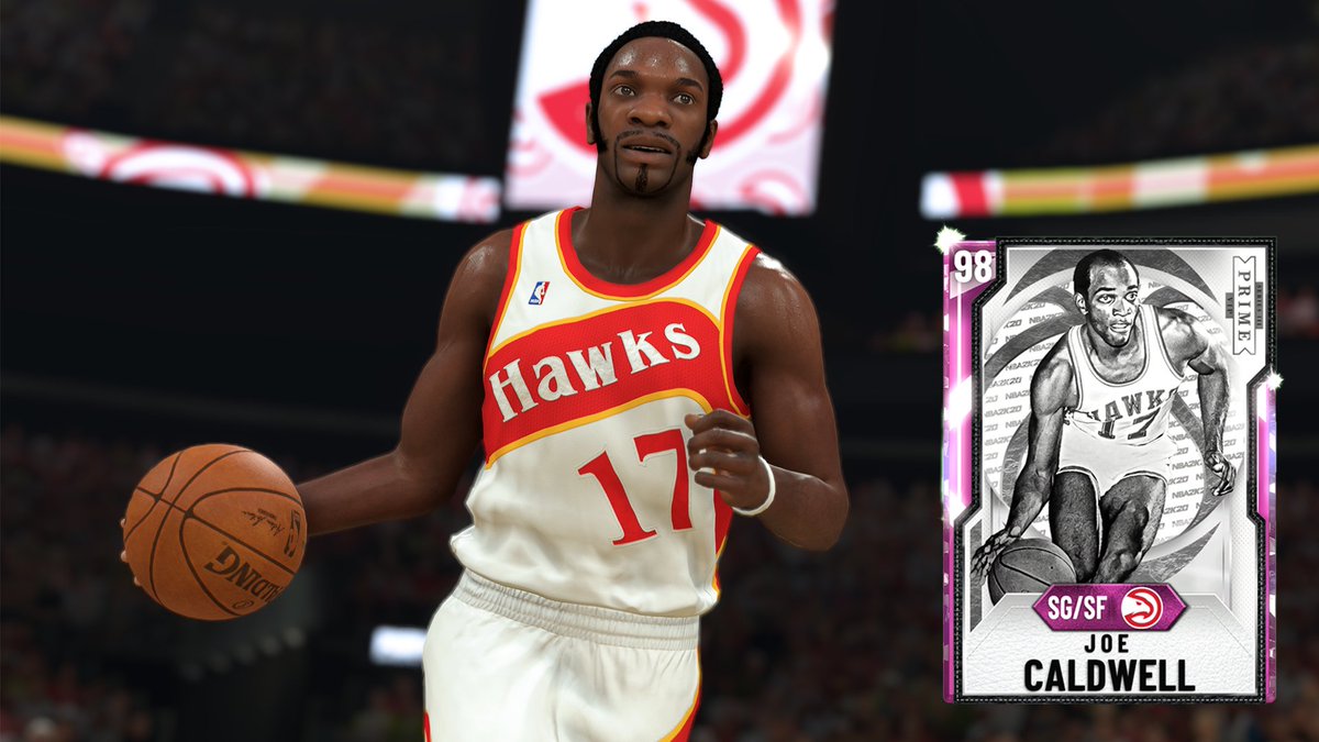 NBA2KMyTEAM's tweet photo. Do you know Jumpin' Joe? 🔥 

Former Atlanta Hawks All-Star Joe Caldwell could jump out the gym. His Pink Diamond card in PG PRIME packs is nasty with a 35 HOF badges and a 97 Dunk Rating 👀 https://t.co/Epwe0iU3Jx