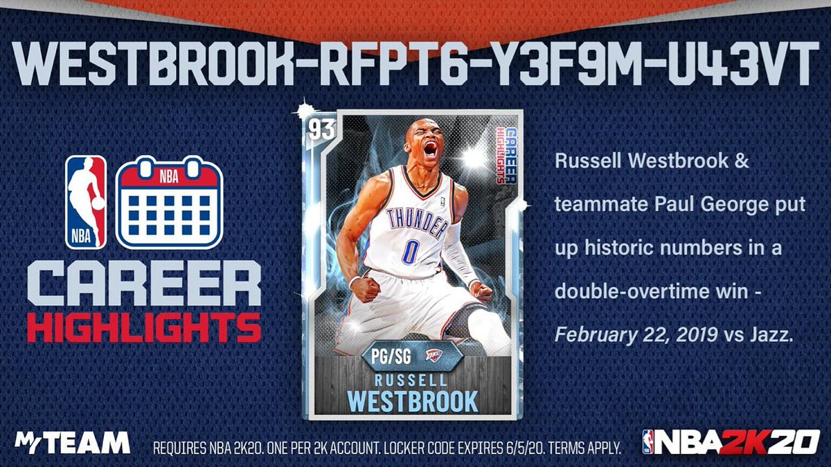 lockercodesX's tweet photo. 🚨 Career Highlights #LockerCode. In 2019 #RussellWestbrook and #PaulGeorge put up historic numbers to beat the #Jazz in double-overtime. Use this #code for a chance at a 💎#Westbrook

For More #LockerCodes #NBA2K20
👉Follow Us
👉Like &amp; RT
👉Click Here👉 https://t.co/8EZFrR1Dfe https://t.co/Nt4Y5tQz6C