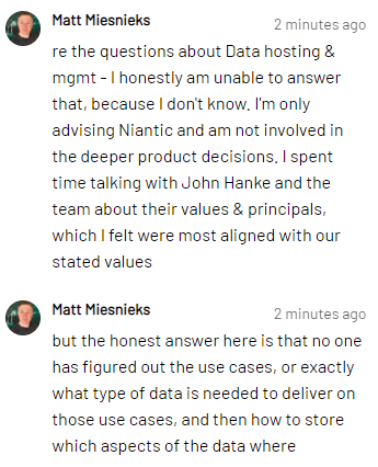 KavyaPearlman's tweet photo. Kudos to @mattmiesnieks for being honest at @ARealityEvent  - "how to store which aspects of data and where is not figured out"

Imho.. that does not promote trust and is very concerning.

#AWE2020 https://t.co/77V6xcI7pF