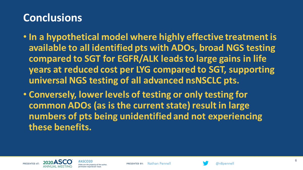 So the bottom line is that many many life years can be gained by testing all eligible NSCLC pts using broad NGS for targetable alterations and treating them, for a very manageable cost  #ASCO20  #LCSM