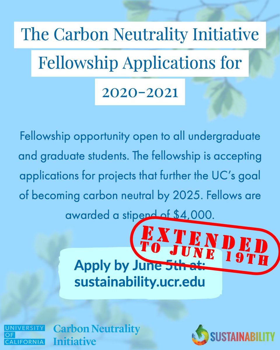 Our Carbon Neutrality Fellowship application deadline has been extended! Submit your idea to help us reach carbon neutrality goals here: sustainability.ucr.edu/carbon-neutral… 🍃
#fellowship #carbonneutrality #CNI #UCR #opportunity