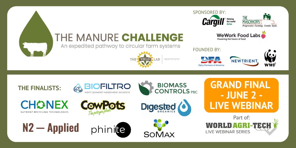 WorldAgriTech's tweet photo. The Manure Challenge Grand Final Live Webinar - June 2 - Eight start-ups pitch manure management-based solutions to drive sustainable, circular economies for farmers AND reduce environmental impact of manure. Who'll win the $50,000 prize? Sign up to watch! https://t.co/PMa4wFSXhG https://t.co/ZPW1zYyUyl