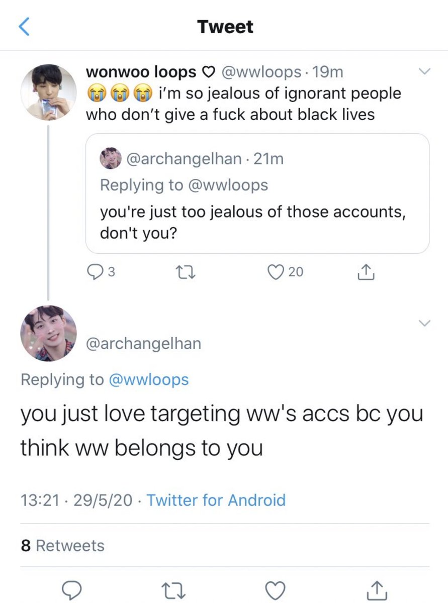 @/archangelhan - literal fucking idiot. after multiple people trying to explain why its important to focus on blm and not kpop, they continued to imply that the real problem is carats fighting each other....