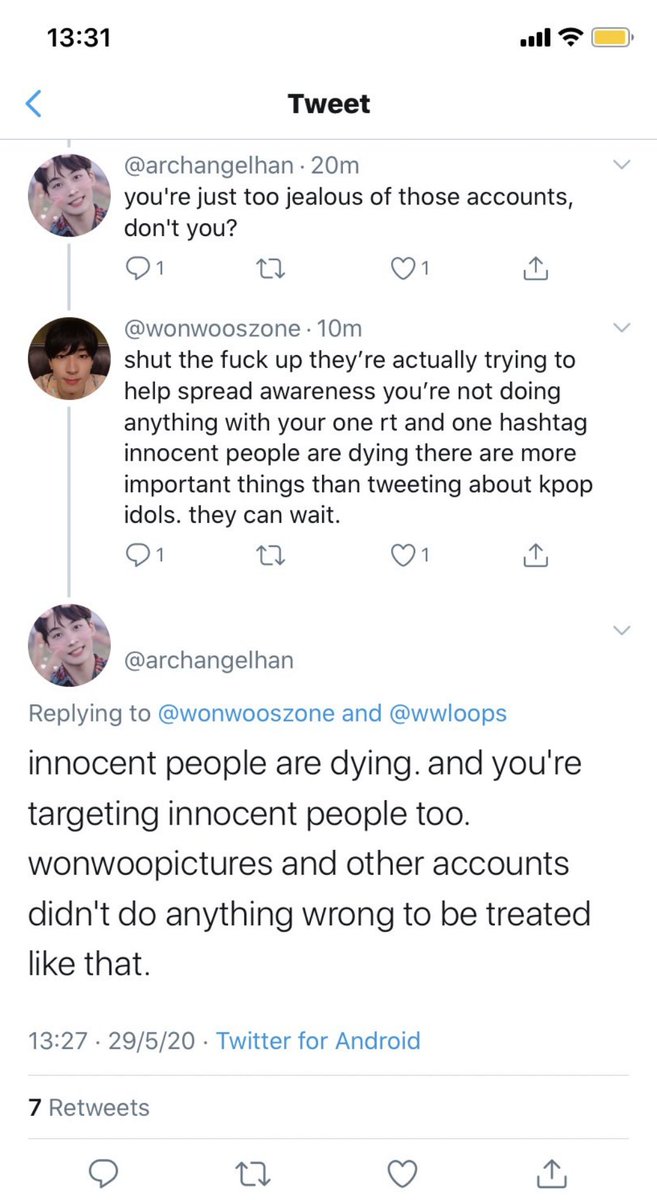 @/archangelhan - literal fucking idiot. after multiple people trying to explain why its important to focus on blm and not kpop, they continued to imply that the real problem is carats fighting each other....