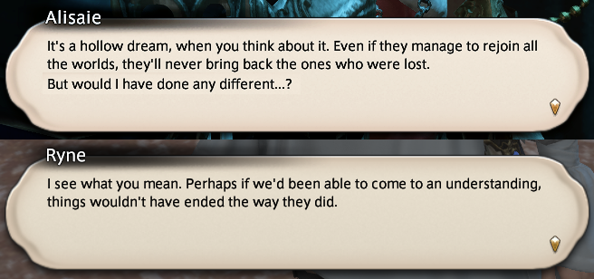 Alisaie contemplates the fact that she might have done the same as him in desperation. Ryne wonders what would have happened if there was an understanding. The Scions seem to be outright offended on his behalf when Elidibus basically says "he was nuts you can't carry out memory"