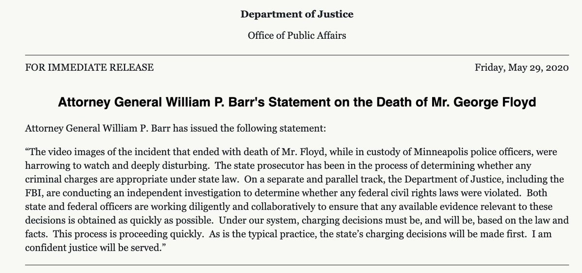 BREAKING: Attorney General William Barr says his office will conduct an independent investigation into the killing of George Floyd to determine whether any federal civil rights laws were violated.