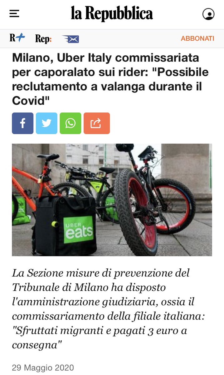 Su <a href="/OsservaDiritti/">Osservatorio Diritti</a> il quadro delle condizioni di #lavoro dei #rider, mentre arriva un’importante decisione dei giudici di Milano osservatoriodiritti.it/2020/05/01/rid… #Uber #ubereats #gigeconomy #delivery #caporalato