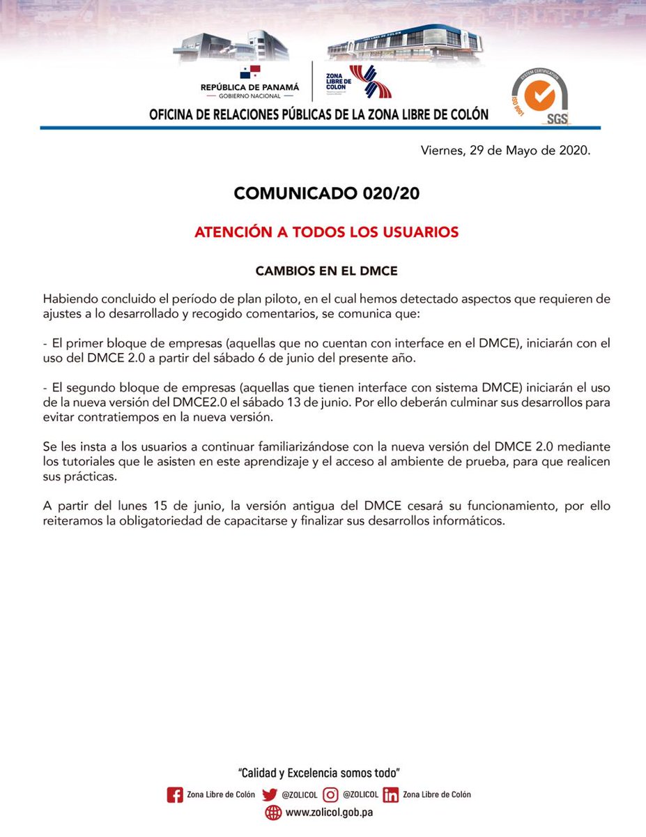 zolicol's tweet photo. ⚠️#ATENCIÓN | Informamos a las empresas usuarias que luego de ejecutar el Plan Piloto de DMCE 2.0 establecemos fechas de inicio para el uso de esta plataforma.

La antigua plataforma DMCE estará operativa hasta el 15 de junio.

👀 LEA el #Comunicado020 

#UnidosZonaLibre https://t.co/7hjJ6K7jpj