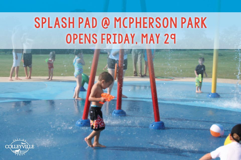 The splash pad at McPherson Park opens today! There are still restrictions in place under Governor Abbott's latest Executive Order limiting splash pads to 25% occupancy, or 28 people for the splash pad at McPherson. Enjoy! #Colleyville
