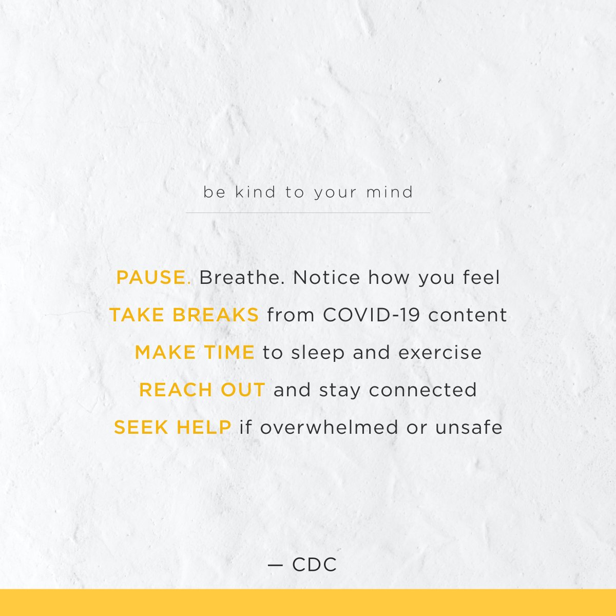 DDB_Health's tweet photo. Thank you to the @CDCgov for this much-needed #PSA as we continue to #WFH and follow other social distancing guidelines. #staystrong #BeKindtoYourMind #mentalhealthawarenessmonth #mentalhealth #May #FeelGoodFriday #aForceforGoodHealth #DDBHealthyatHome https://t.co/qBuQtVSynh
