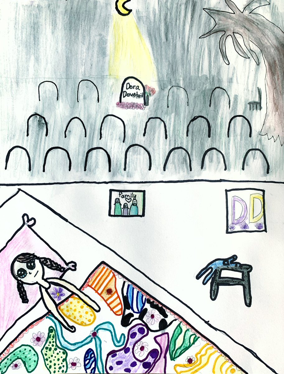 MakeLovelyLaura's tweet photo. My daughter Holland, age 11, spent all day yesterday drawing poor Daisy, looking out the window at night at her mother’s headstone. @jk_rowling She even drew her overalls draped on a stool in her bedroom. #TheIckabog https://t.co/zeeWQztx9L