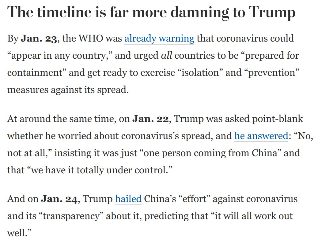 Now that Trump is terminating our relationship with WHO and blaming them for his own failures, here's a comparison of who said what and when.In mid-to-lateJanuary, WHO was right, and Trump was wrong: https://www.washingtonpost.com/opinions/2020/04/15/trumps-ugly-new-blame-shifting-scam-spotlights-his-own-failures/