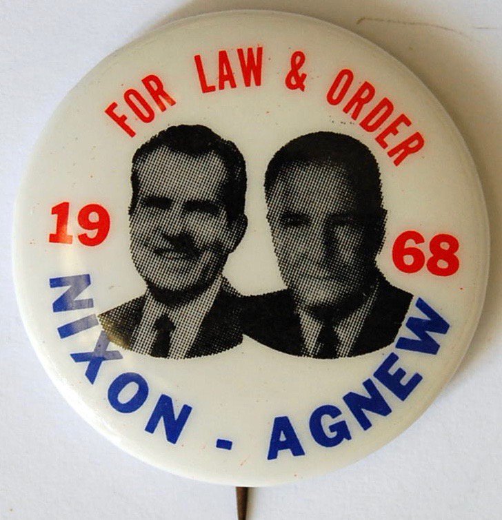 In the history of the United States, the phrase "law and order" rose to major prominence during Richard Nixon's 1968 campaign to appeal to white voters who were angry about integration and the riots and protests that broke out as a result of MLK's assassination. 2/