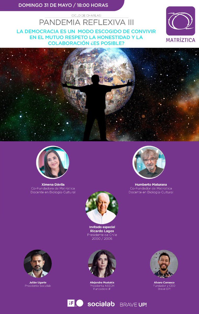 Pandemia Reflexiva III! "La Democracia es un modo escogido de convivir en el mutuo respeto, la honestidad y la colaboración: ¿Es posible?" Quedan todos y todas invitadas/os este domingo 31 de mayo a las 18:00 hrs, para participar puedes registrarte aquí: bit.ly/pandreflex3