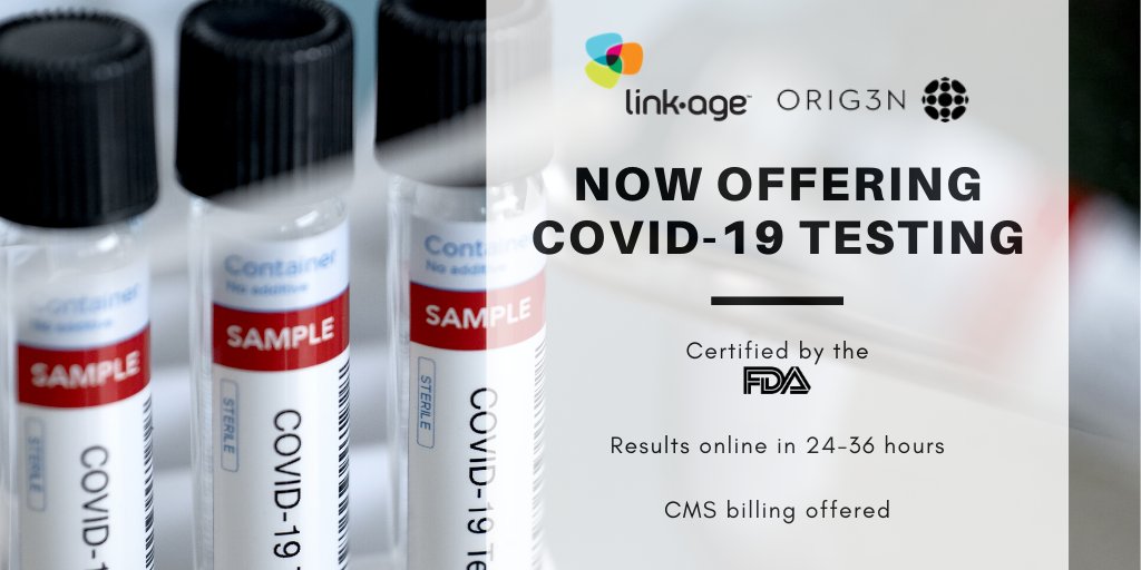 Big development! Link-age has partnered with <a href="/Orig3n/">Orig3n</a> to offer providers FDA-approved COVID-19 testing. This comes on the heels of recent CMS recommendations stating that providers should test all residents &amp; staff. Learn more here >> conta.cc/2ZHGz5w.