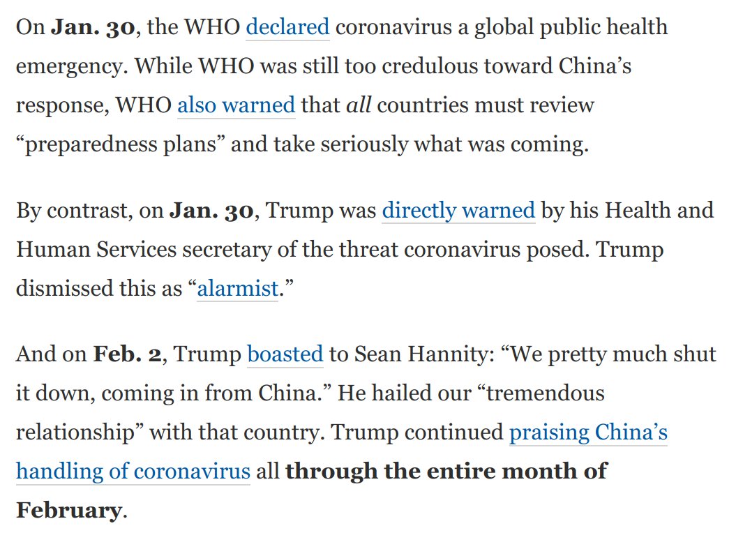At the end of January, WHO warned of a global health emergency. On the very same day, Trump's HHS chief sounded the alarm, and Trump dismissed him as "alarmist."Trump continued credulously accepting China's downplaying of the virus throughout February. https://www.washingtonpost.com/opinions/2020/04/15/trumps-ugly-new-blame-shifting-scam-spotlights-his-own-failures/