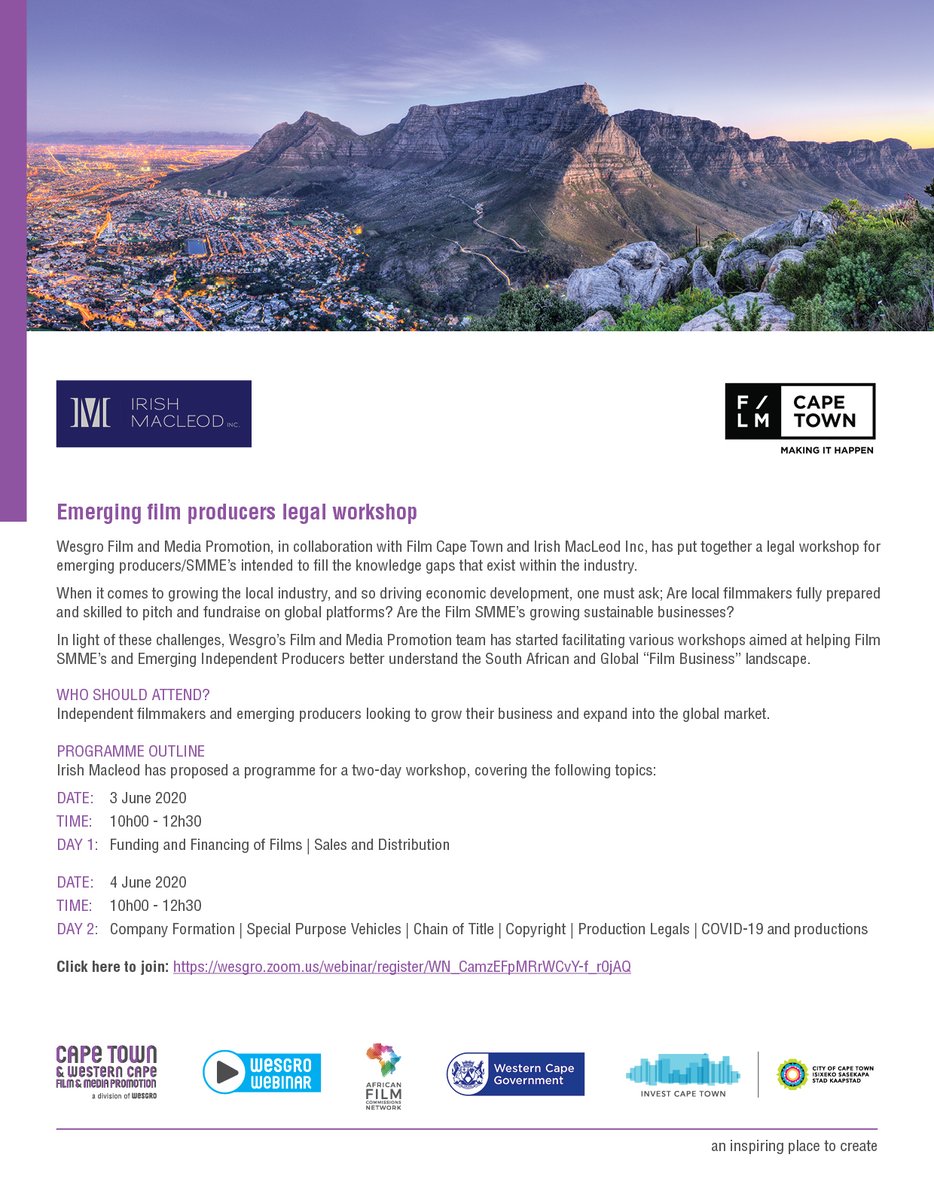 🎥Join us for a live #LegalWorkshop Webinar for Emerging Film Producers in collaboration with #IrishMacleod. Gain insight into the financing of films, legal knowledge and the impact of #COVID19 on the Local Film Industry. 

Register here: bit.ly/2TRMt0b

#WesgroFilm