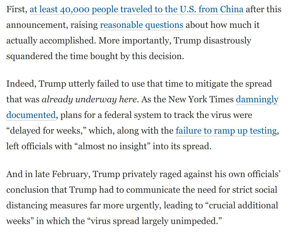 Trump keeps citing his glorious travel restrictions on China. But those didn't have nearly the impact he says they did. And all throughout February, Trump continued to refuse to act, even though many in his own government wanted him to: https://www.washingtonpost.com/opinions/2020/04/15/trumps-ugly-new-blame-shifting-scam-spotlights-his-own-failures/