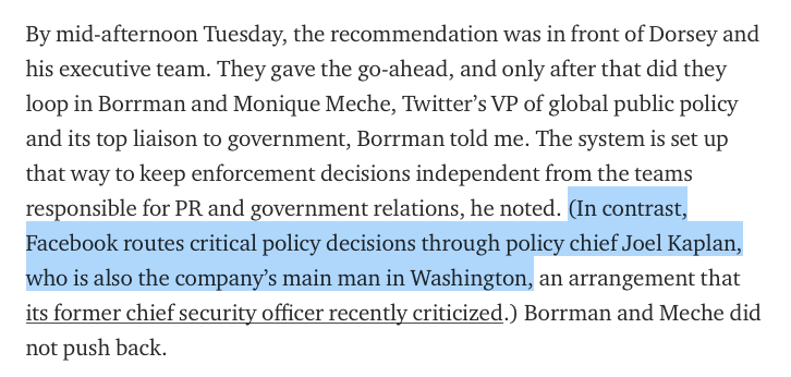 inside this super interesting timeline on Twitter's moves this week, there is a critical distinction between Twitter and Facebook. These sort of church/state org and influence decisions are how trust is built destroyed.  https://onezero.medium.com/inside-twitters-decision-to-fact-check-a-trump-tweet-b5a30eaa3b1d