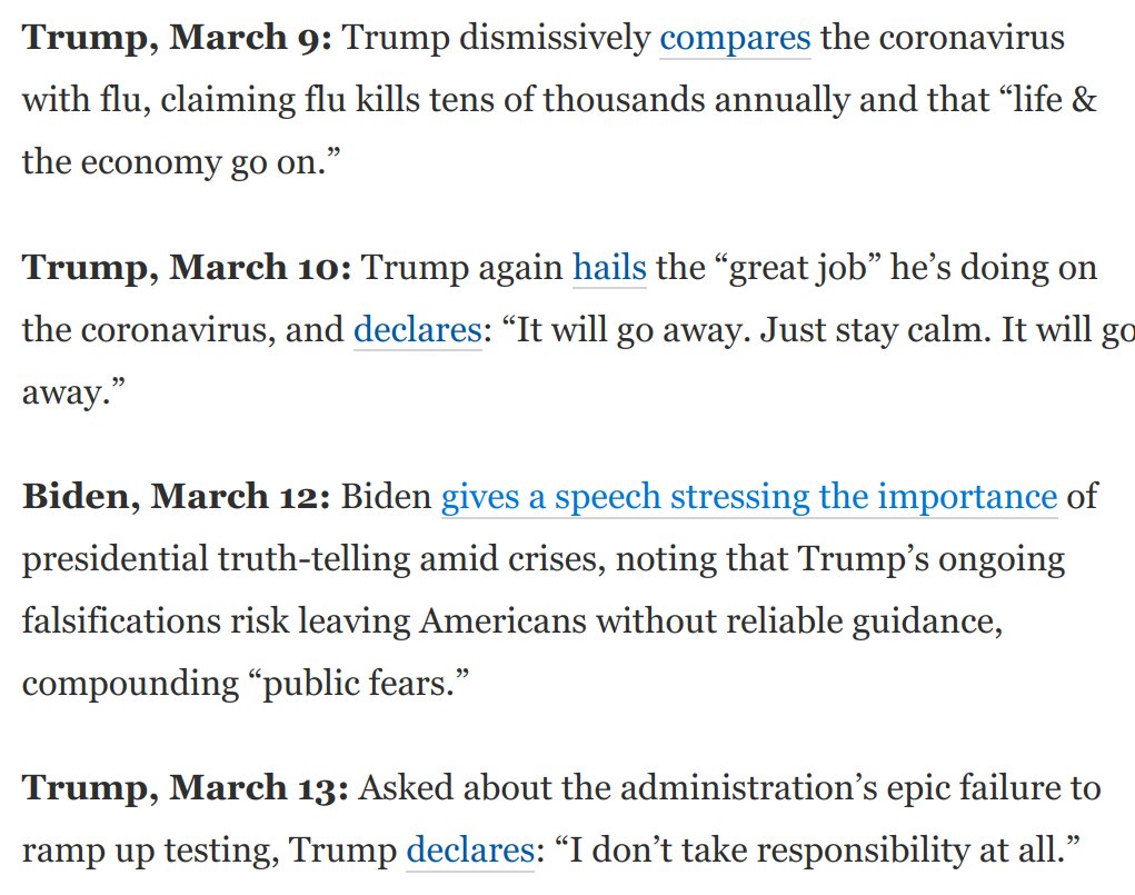 And even into *March,* Trump was still claiming coronavirus would miraculously disappear. On *March 13,* a month and a half after WHO declared a global emergency, he said:"I don't take responsibility at all."As we see again today, he still doesn't. https://www.washingtonpost.com/opinions/2020/04/06/trump-versus-biden-coronavirus-timeline-is-utterly-damning/