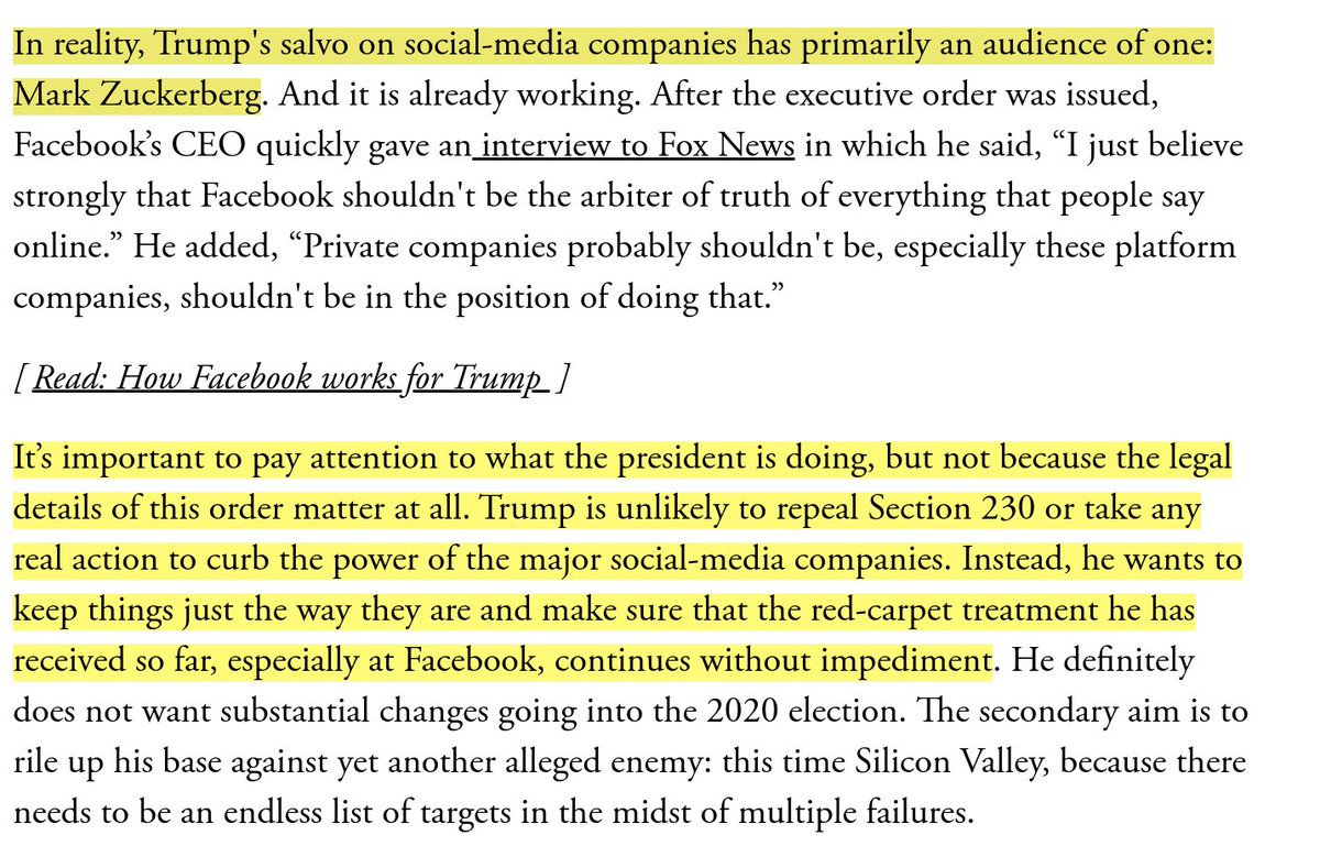 I keep seeing deep legal analyses of Trump's executive order on social media, wondering if it might hurt him and what Twitter might do. But hey, *look* over here. Trump's order has an audience of one: Mark Zuckerberg. And it's already working. New piece.  https://www.theatlantic.com/technology/archive/2020/05/trumps-executive-order-isnt-about-twitter/612349/