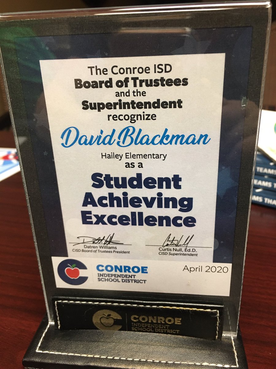 Hailey Elementary (@haileycisd) on Twitter photo Congratulations to fourth grader David Blackman for receiving the Student Achieving Excellence award. David is such a hard worker and always has a positive attitude. We are so proud of you! #onceahaileycometalwaysahaileycomet  <a href="/ConroeISD/">Conroe ISD</a> Congratulations to fourth grader David Blackman for receiving the Student Achieving Excellence award. David is such a hard worker and always has a positive attitude. We are so proud of you! #onceahaileycometalwaysahaileycomet  <a href="/ConroeISD/">Conroe ISD</a>