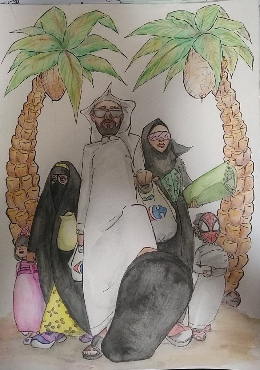 NiqabThe's tweet photo. A drawing/watercolour I did last term. Picnic on point. I miss Carrefour lol, had to represent. 

#EidMubarak #illustration #art #muslimart #picnics #watercolour https://t.co/7jEQ8506Eu