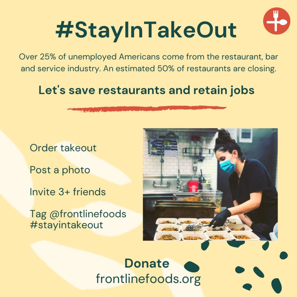 Frontline Foods LA (@frontlinefoodla) on Twitter photo Join the #StayInTakeOut movement and help save our local restaurants.
Order takeout, post a photo and tag <a href="/FrontlineFoods/">Frontline Foods</a> to participate. Join the #StayInTakeOut movement and help save our local restaurants.
Order takeout, post a photo and tag <a href="/FrontlineFoods/">Frontline Foods</a> to participate.