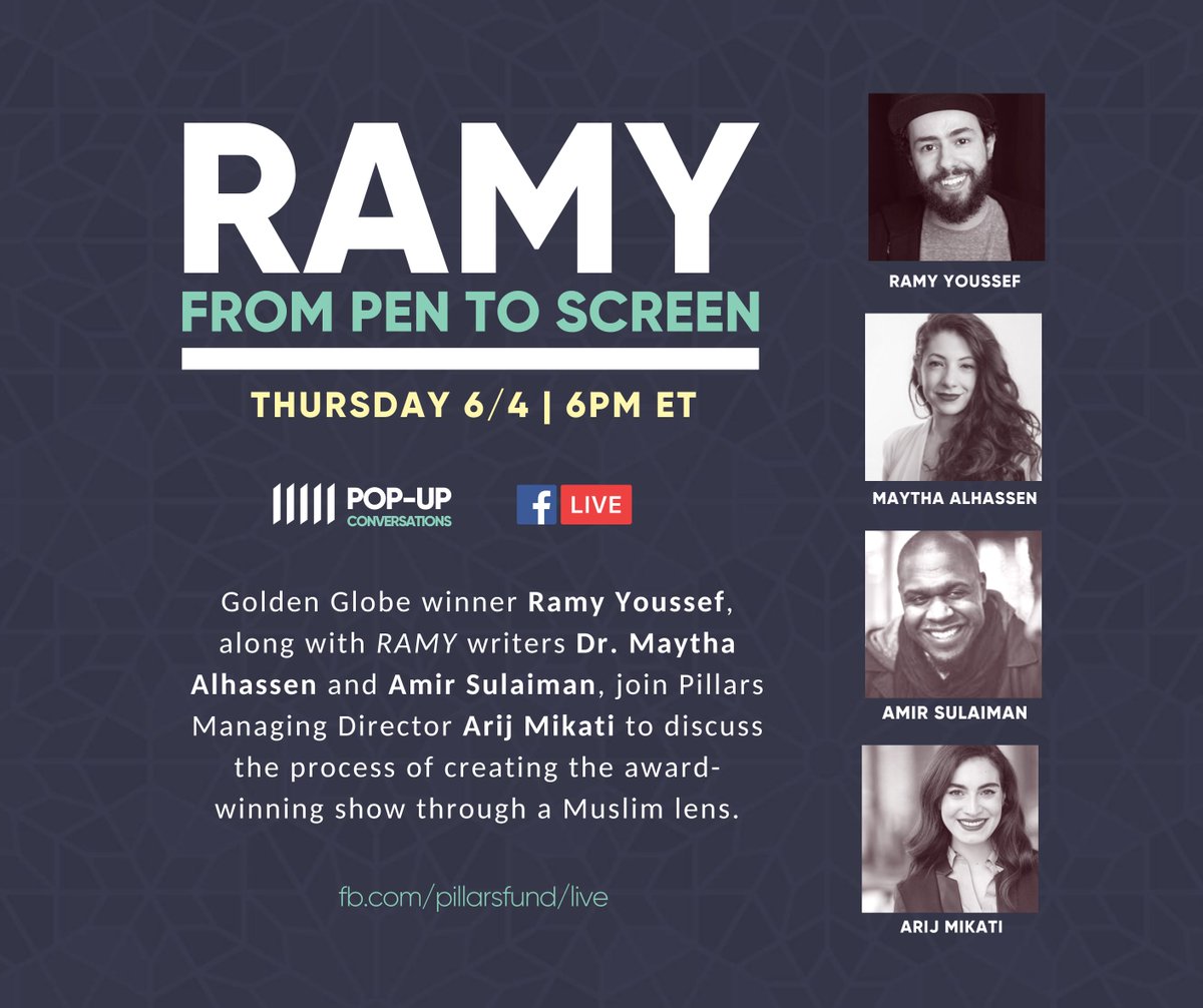 Excited for our FB Live event with @ramy Youssef on Thurs. 6/4, along with Season 2 writers Amir Sulaiman, Dr. @MaythaAlhassen, and Pillars Managing Director @arijmikati. They’ll be taking us on a behind-the-scenes journey through the creation of the second season of Ramy.