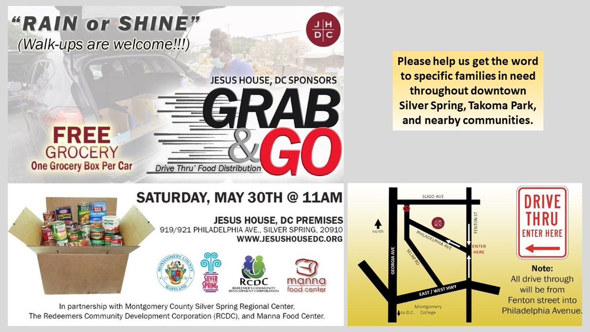 MontgomeryCoMD's tweet photo. Tomorrow! "Grab-and-Go" free grocery distribution to ensure downtown Silver Spring residents &amp; neighbors, in need, have food. Event takes place at the Jesus House, 921 Philadelphia Ave. starting at 11 a.m. &amp; will continue while supplies last. Read more at https://t.co/soABh6CDL3 https://t.co/C0Vco4yWgt