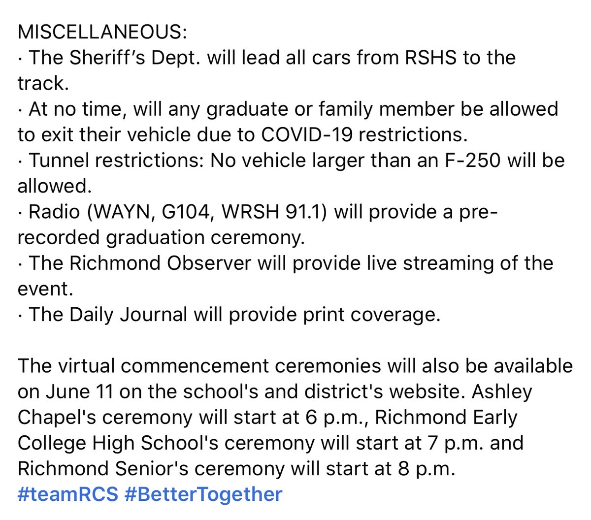 🚨🚨 Attention Class of 2020!! 🚨🚨

It's time for you all to take your "victory lap" at the racetrack! 🏁Read for more information!

#teamRCS #BetterTogether