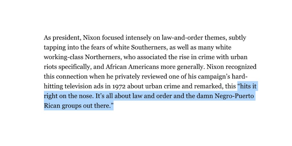 "Law and order" is one of those buzzy phrases that folks will insist are two words joined together with literal definitions. But no. Etymology matters.Nixon is quoted years later underlining "It’s all about law and order and the damn Negro-Puerto Rican groups out there.” 3/