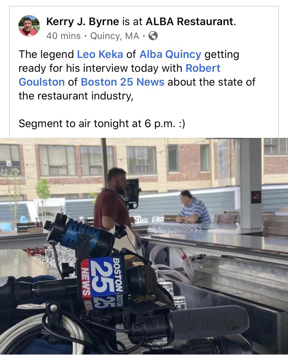 The legend Leo Keka of Alba Quincy getting ready for his interview today with Robert Goulston of Boston 25 News about the state of the restaurant industry,

Segment to air tonight at 6 p.m. :)