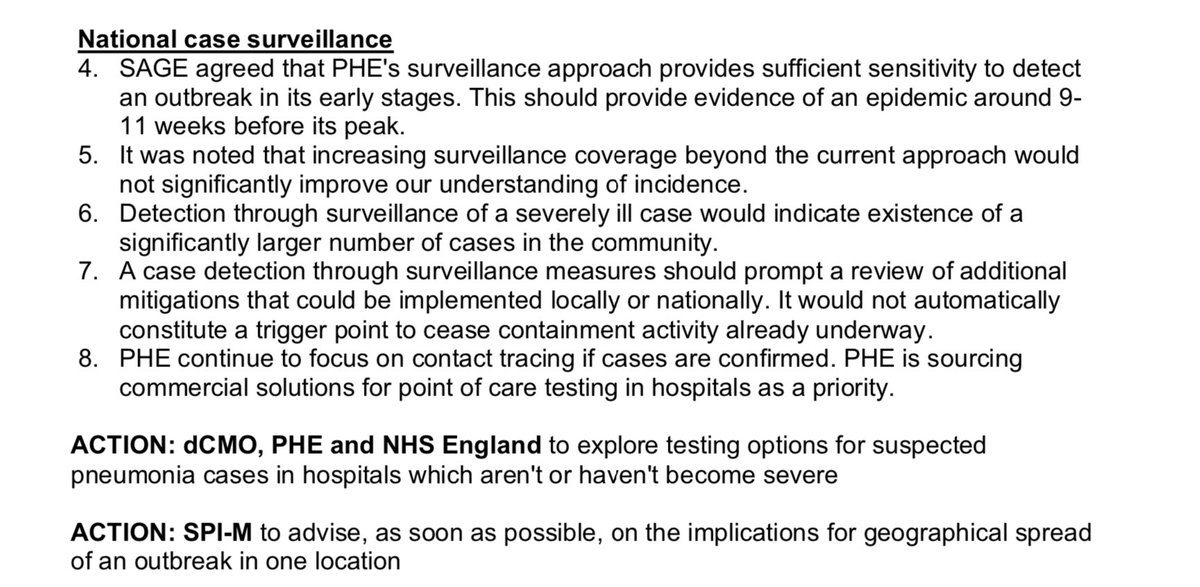 On 25 Feb, it appears that SAGE/govt basically gave up on increasing testing as “it would not significantly increase our understanding of incidence”.Did they view it as a single wave epidemic, like flu?Had they still not calculated the consequences? https://assets.publishing.service.gov.uk/government/uploads/system/uploads/attachment_data/file/888777/S0378_Tenth_SAGE_meeting_on_Wuhan_Coronavirus__Covid-19__.pdf