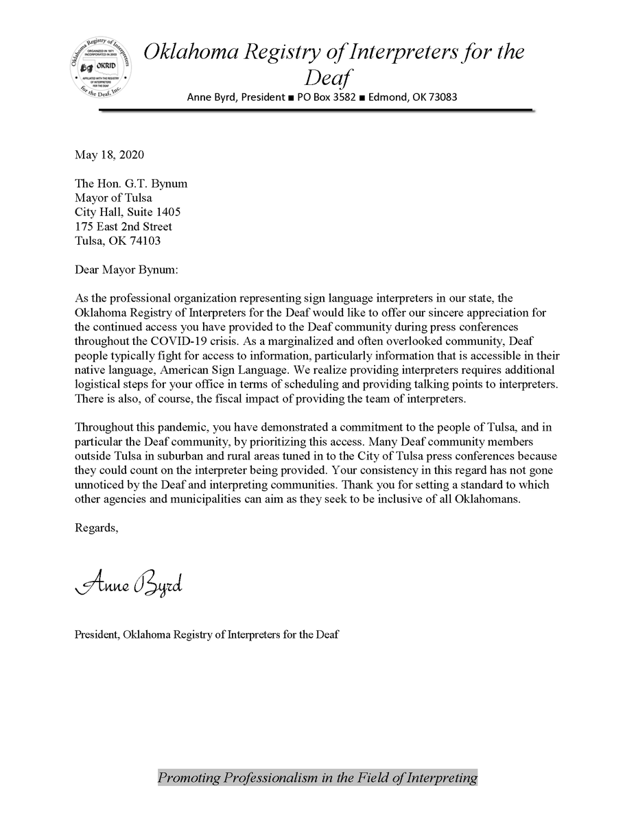 TulsaHealthDept's tweet photo. The City of Tulsa Gov received a letter from OKRID praising the use of sign language interpretation at over twenty COVID-19 news conferences. Zomi, Burmese &amp; Spanish translations are available on social following. We agree it's our duty to provide language access to all Tulsans. https://t.co/mu2RpDnlRq