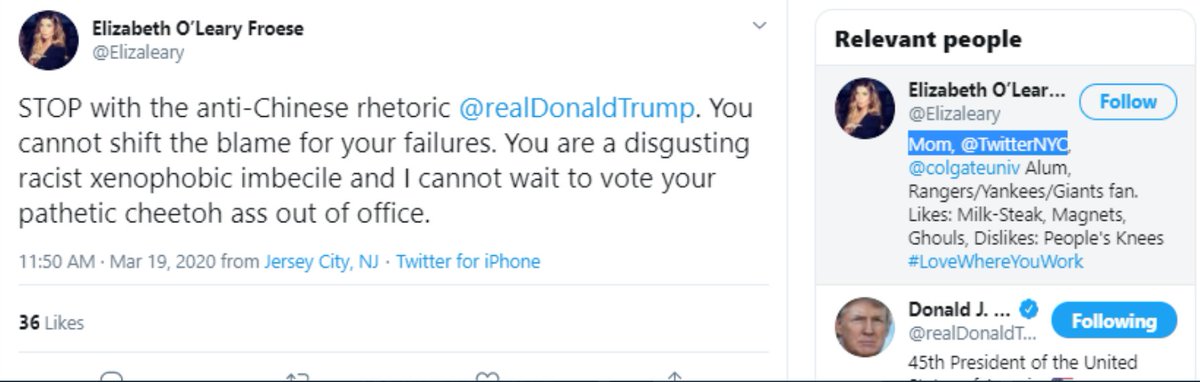 Here's Froese again. Odd, she seems to be running cover for the China's Communist Regime. "I cannot wait to vote your pathetic cheetoh ass out of office"