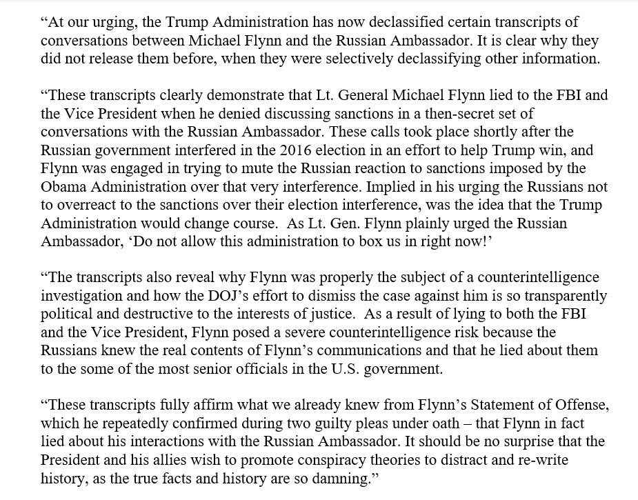 Schiff Statement on Release of Flynn-Kislyak Transcripts