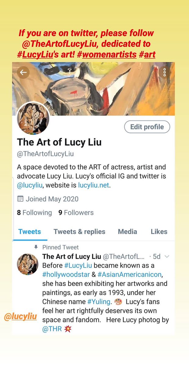 stanninglucyliu's tweet photo. @TheArtofLucyLiu @THR @LucyLiu So excited about #LucyLiu's art space on twitter, couldnt help promote it on IG! Please follow @TheArtofLucyLiu 🎨 #femaleartists #visualart #celebrityartist #TheArtofLucyLiu
#WeStanrealtalent https://t.co/p69gJ5u6mB