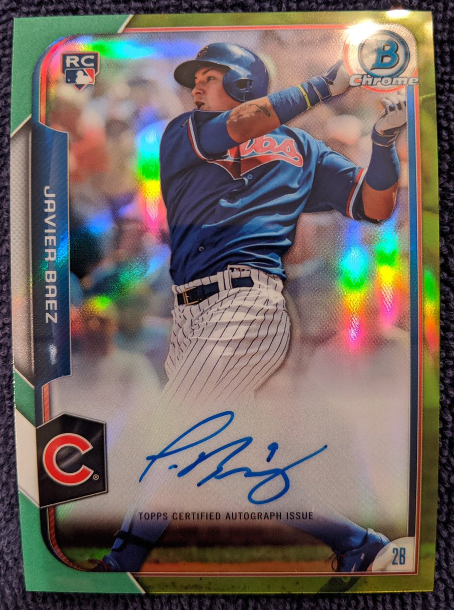 Javy Baez  @javy23baez autographed Bowman Chrome rookie card numbered 84/99. Been kept in a one touch for 5 years. Will come shipped on magnetic one touch. Please RT and help me raise some money for my family!  @SheaSerrano  @WatchTheBreaks  @allsweaty  @StrokerAceKid