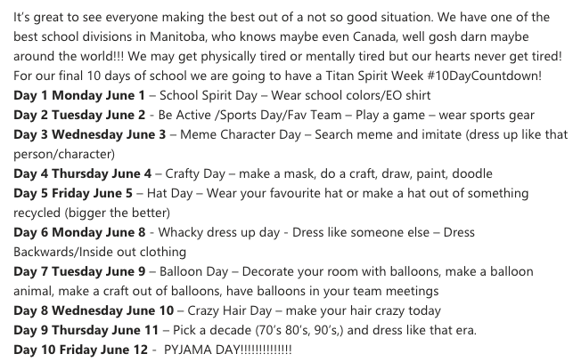 10 DAY SPIRIT WEEK ALERT!!! Starting Monday, dress up for your class meetings with the theme of the day.  Cant wait to see everyone in Teams on Monday in your EO gear.