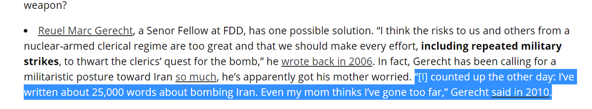 3. Gerecht has pushed destructive US military intervention in the Middle East his whole career.He has appallingly said about his own desire to bomb  #Iran: “[I] counted up the other day: I’ve written about 25,000 words about bombing Iran. Even my mom thinks I’ve gone too far.”