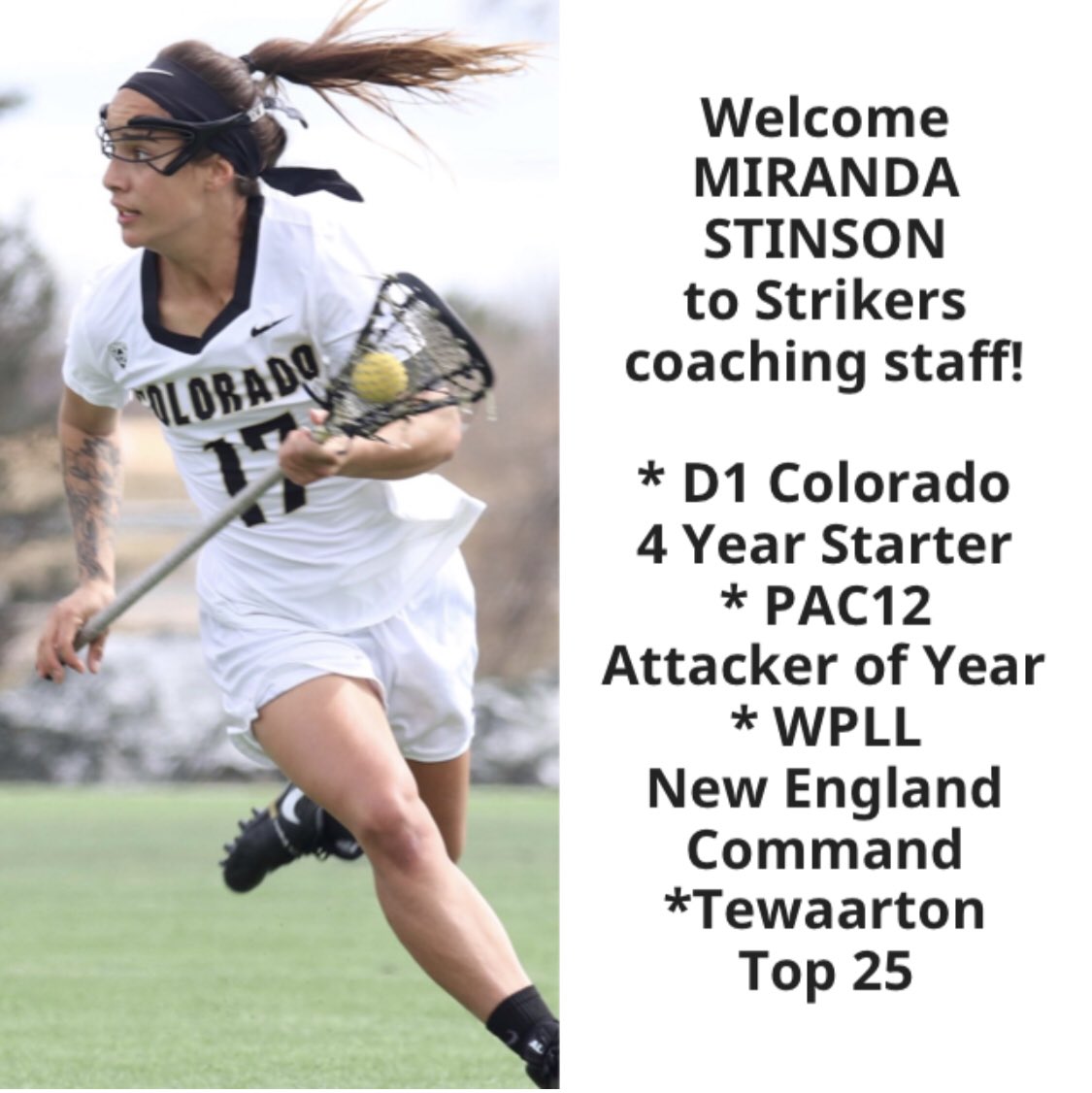 Welcome MIRANDA STINSON to Strikers coaching staff!

* D1 Colorado 4 Year Starter 
* PAC12 Attacker of Year
* WPLL New England Command
*Tewaarton Top 25