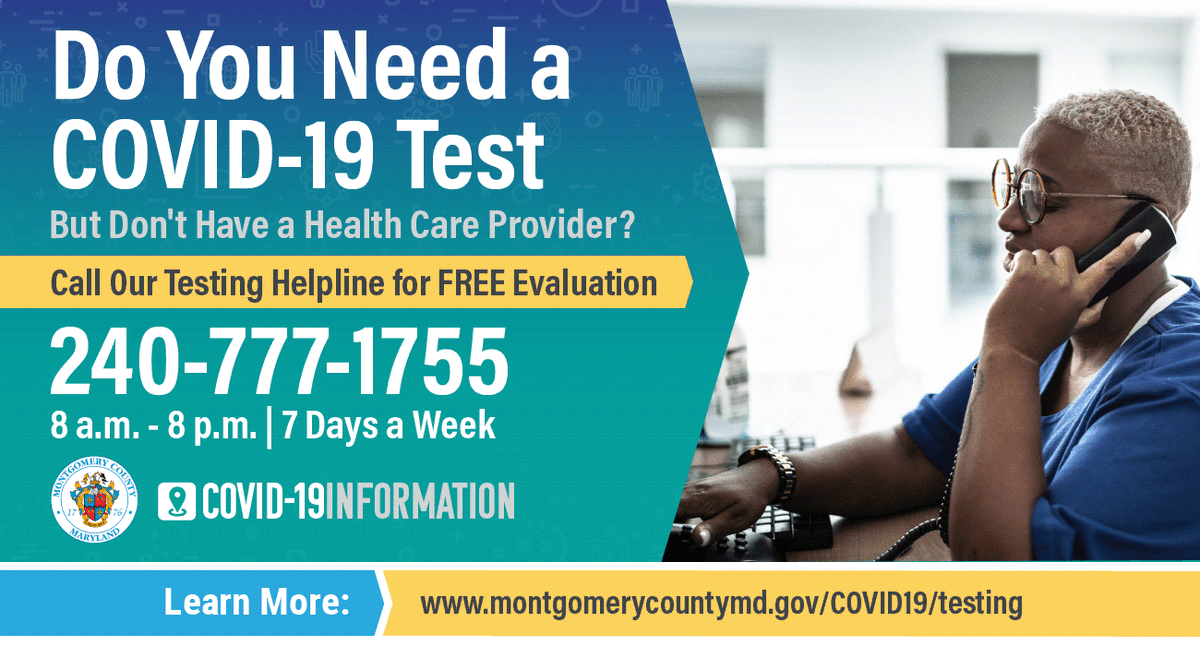 MontgomeryCoMD's tweet photo. Do you need a #COVID19 test but don't have a healthcare provider? Call the @mocodhhs testing helpline for a free evaluation. https://t.co/HzZAwYTHX6 https://t.co/jKsnhmQf4k