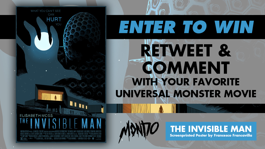 FANGORIA's tweet photo. This awesome poster for @TheInvisibleMan for @MondoNews, by the incredible @f_francavilla, might have disappeared (aka SOLD OUT), but we just happen to have one to give away!

RT this tweet and then COMMENT BELOW with your favorite Universal Monster movie for your chance to win. https://t.co/U9abDkTOmX