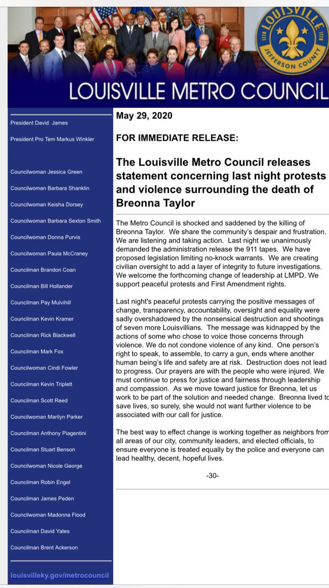 Metro Council President David James has released the following statement on behalf of the entire Louisville Metro Council.