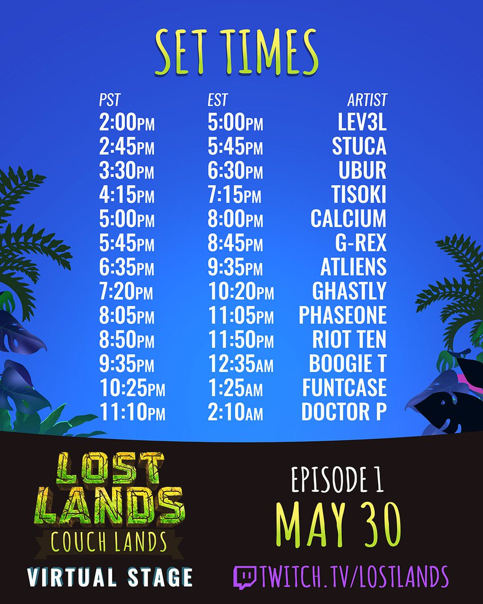 lost_lands's tweet photo. Set times for Couch Lands are here, see you all tomorrow! 🔥🦖

Follow us on Twitch to get notified when we go live --> https://t.co/zSrcZYLvqS https://t.co/iyF5j1aVWR