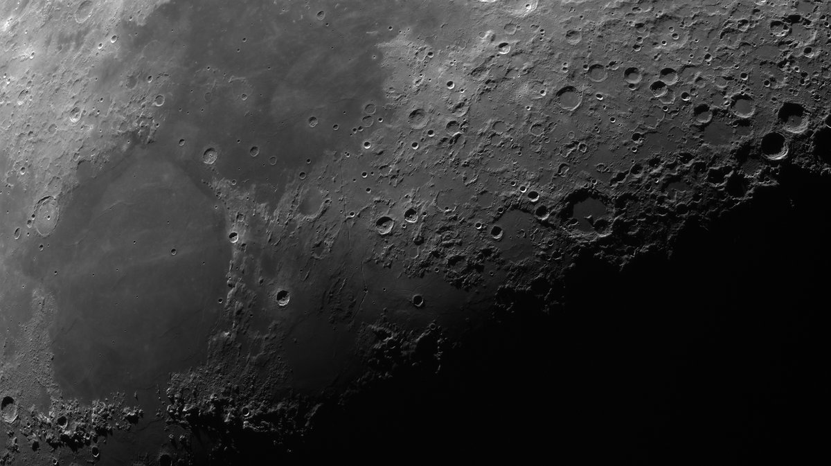 KeefBram's tweet photo. Along the terminator of tonights 46% illuminated #Moon imaged through a #MN190 using a @zwoasi #290MM mini with an @altair_astro 685nm IR pass filter #astro #astronomy #astrophotography #mono #lunar #ThePhotoHour #lancashire https://t.co/bDOzuRMpoc
